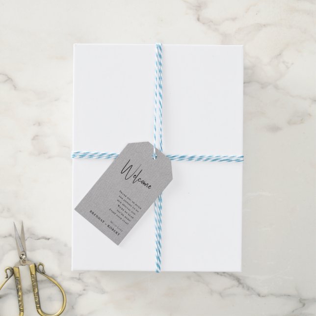Étiquette de cadeau de mariage Bienvenue en lin gr (Avec de laficelle)