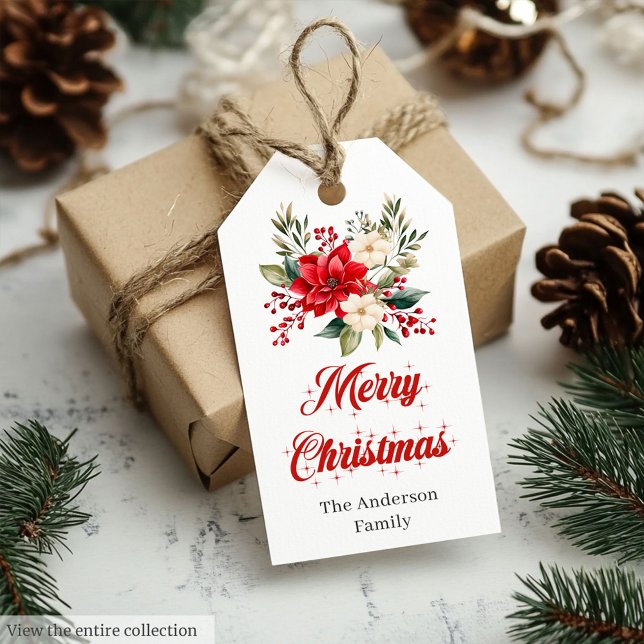 Étiquette de cadeau de Noël avec police de script  (Trendy Christmas Poinsettia Script Font Gift Tag

)