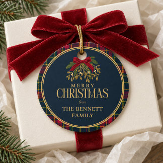 Étiquette de cadeau de Noël carreaux navy nœud rou