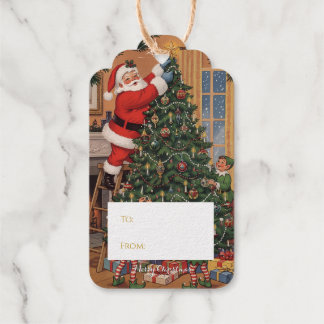 Étiquette de cadeau en feuille d'or Père Noël vint