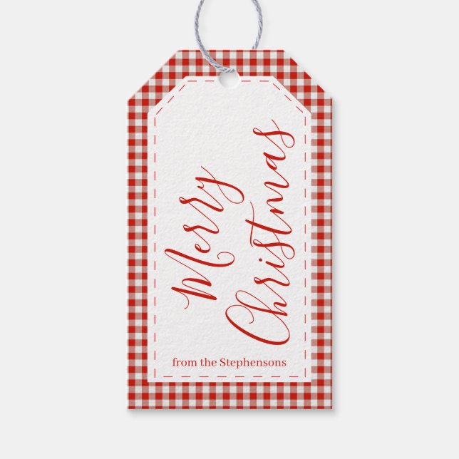 Étiquette de cadeau Joyeux Noël à carreaux rouges (Devant)