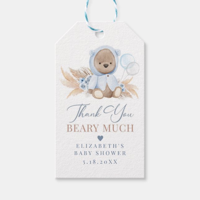 Étiquette de cadeau Merci beaucoup ours bleu boho (Devant)