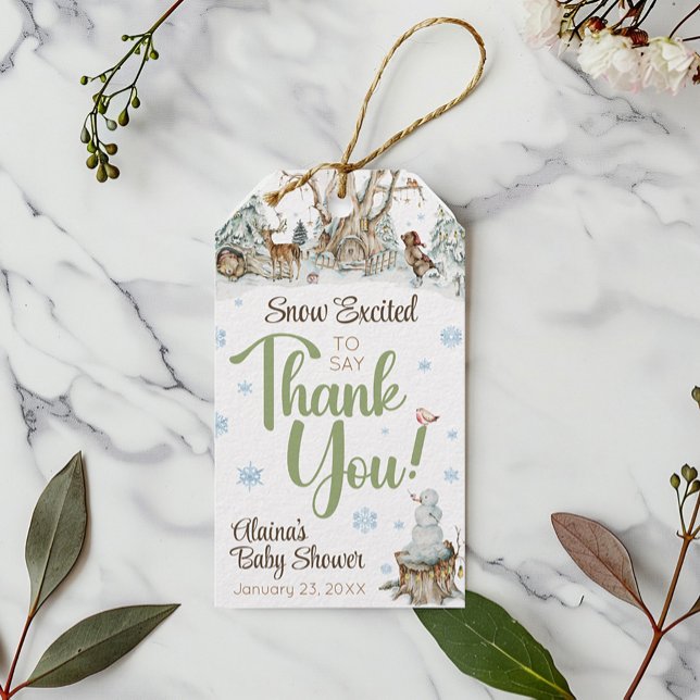 Étiquette de cadeau pour la fête prénatale des ani (Cute watercolor snowflake Winter Woodland Forest Animals snowman baby shower thank you favor tag)