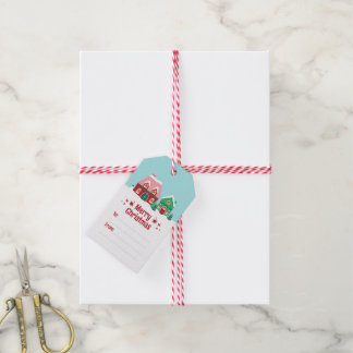 Étiquette de cadeau pour village de Noël enneigé