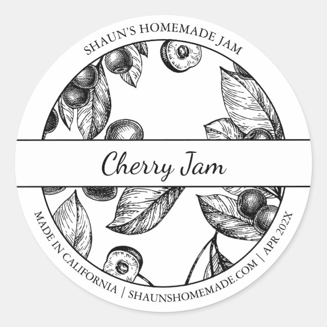 Étiquette de confiture de cerisier noir et blanc (Devant)