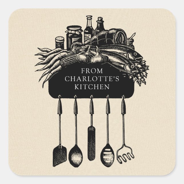 Étiquette de cuisine Retro Black Cream personnalis (Devant)