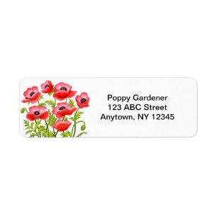 Étiquette de fleurs de pavot du jardin rouge