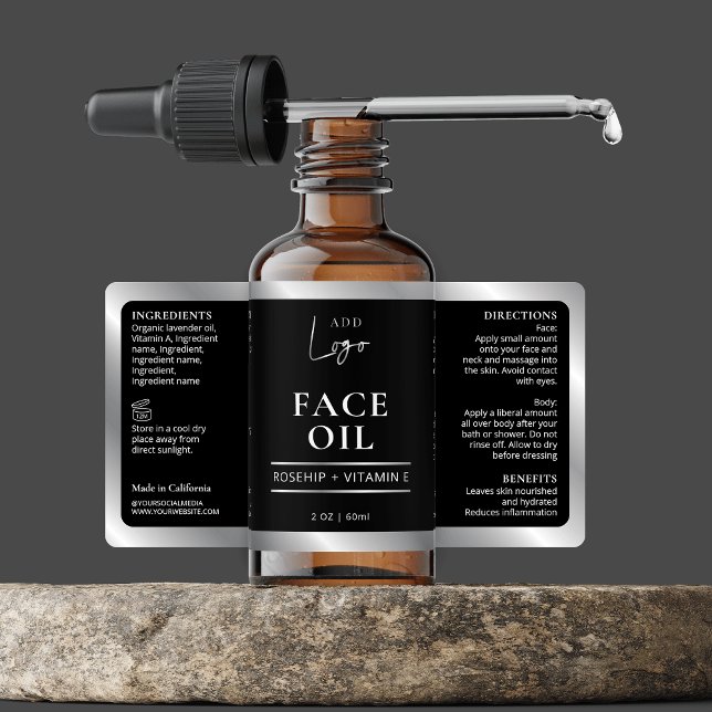 Étiquette de la bouteille de soins cosmétiques Bla (Elegant black and silver 2 OZ dropper bottle *verify size* wrapper style label with your custom logo)