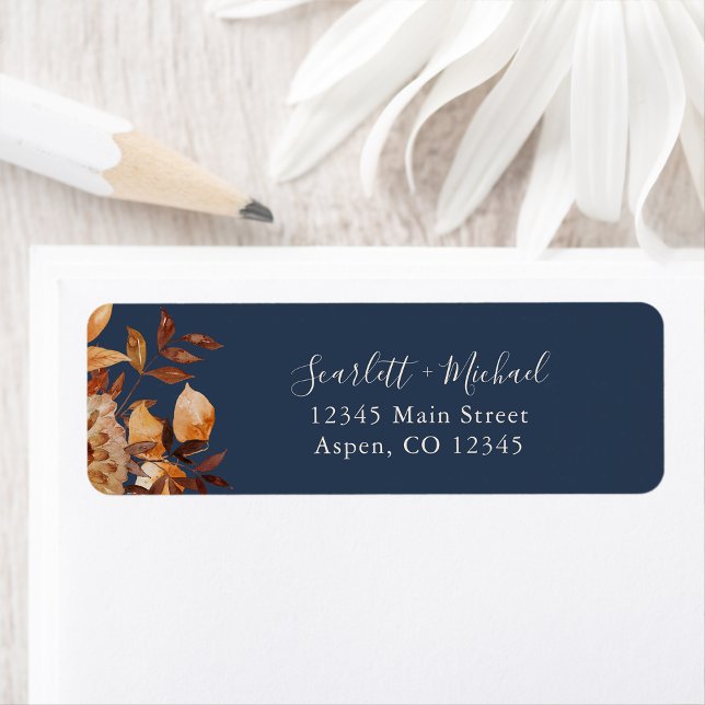 Étiquette de l'adresse de retour de la marine auto (Watercolor Navy Blue Terracotta Autumn Return Address Label by Painted Paperie
)