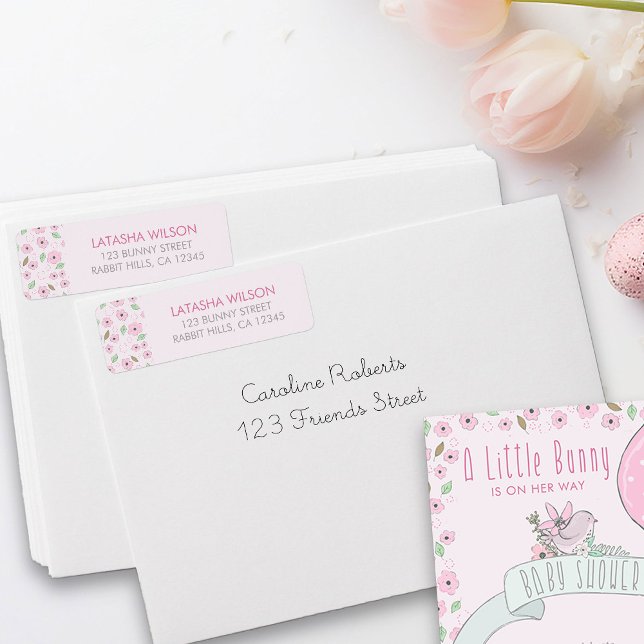 Étiquette de l'adresse de retour des fleurs roses  (Whimsical Pink Flower Address Labels from my Little Bunny & Balloon Baby Shower collection)