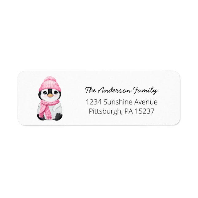 Étiquette de l'adresse de retour du pingouin rose (Devant)