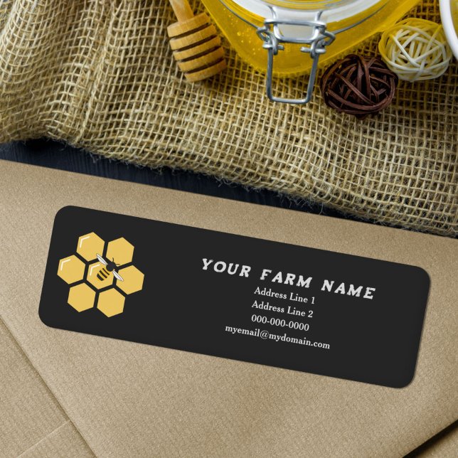 Étiquette de l'adresse de retour noire abeille et  (Bee and Honeycomb Black Return Address Label)