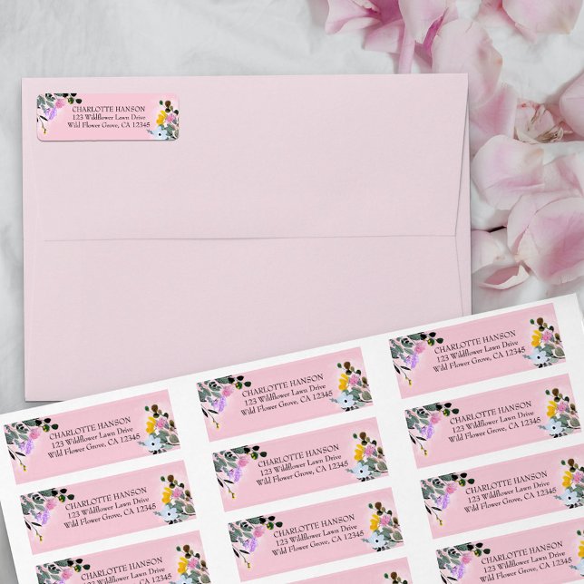 Étiquette de l'adresse de retour rose jolie Fleur  (Pink return address labels from my Wildflower Lawn Collection.)