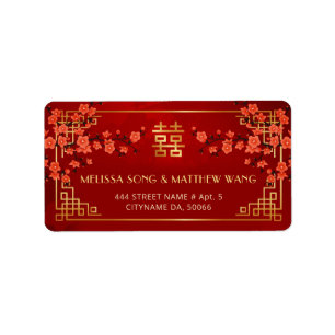 Étiquette de mariage chinoise Fleurs rouges dorées