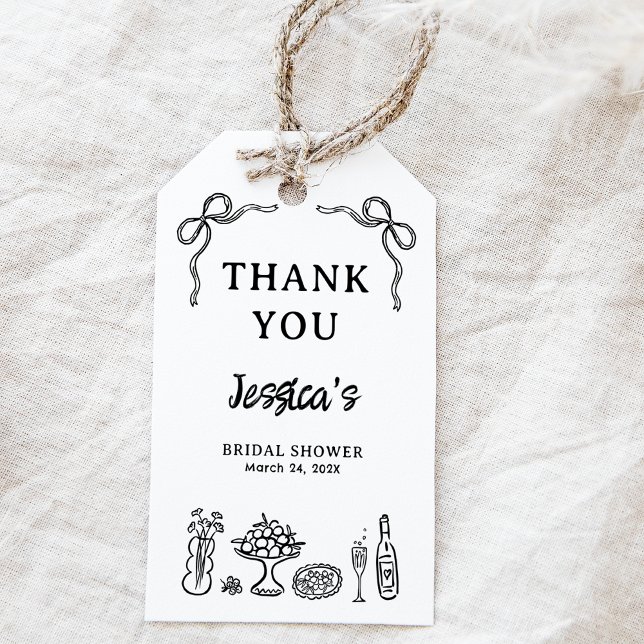 Étiquette de mariage fantaisie à la main en noir (Black Hand Drawn Whimsical Bridal Shower Tag, Whimsical Illustration Bridal Shower Tag Bow Food )