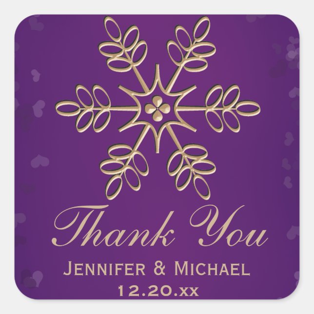 Étiquette de Merci à flocons de neige violet et or (Devant)