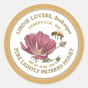 Étiquette de miel à fleurs rose et abeille