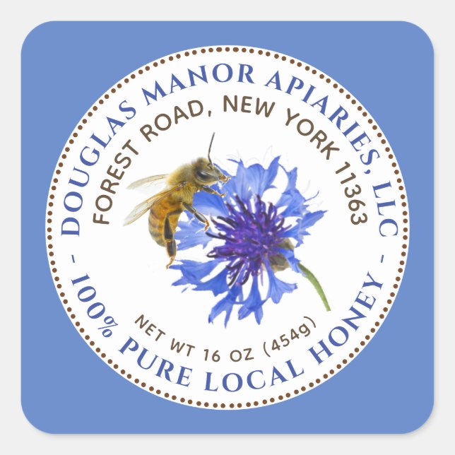 Étiquette de miel Fleur bleue abeille et bordure d (Devant)