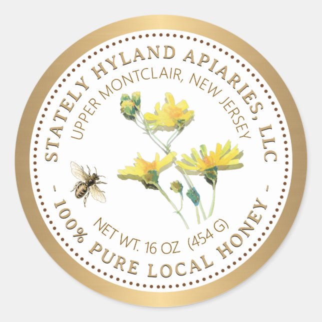 Étiquette de miel Fleur jaune d'abeille et bordure (Devant)