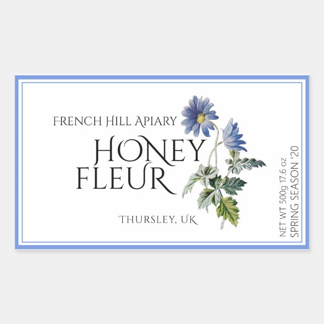 Étiquette de miel Fleur sauvage bleu (Date de réco (Devant)