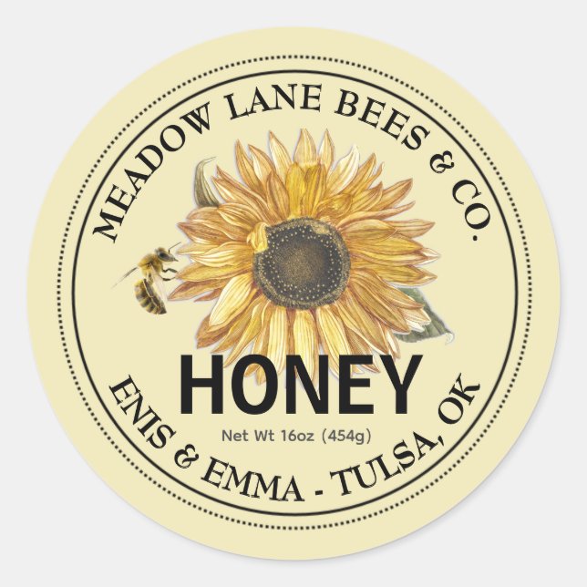 Étiquette de miel jaune avec tournesol et abeille  (Devant)