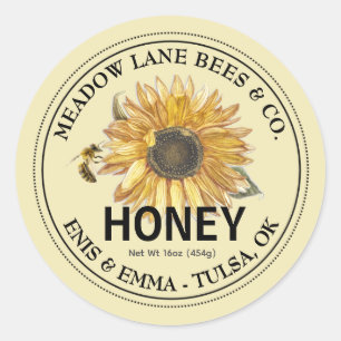 Étiquette de miel jaune avec tournesol et abeille