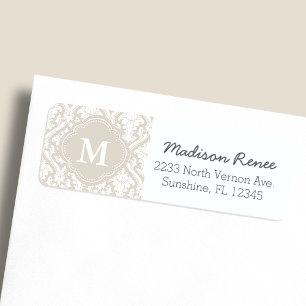 Étiquette de monogramme tendance damassé beige et