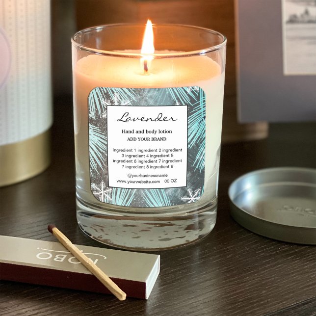 Étiquette de neige moderne hiver (#zazzlemade #leaves #wintercandlelabel #aquablue #snowcandlelabel #greenery #businesslabel #snowfla)