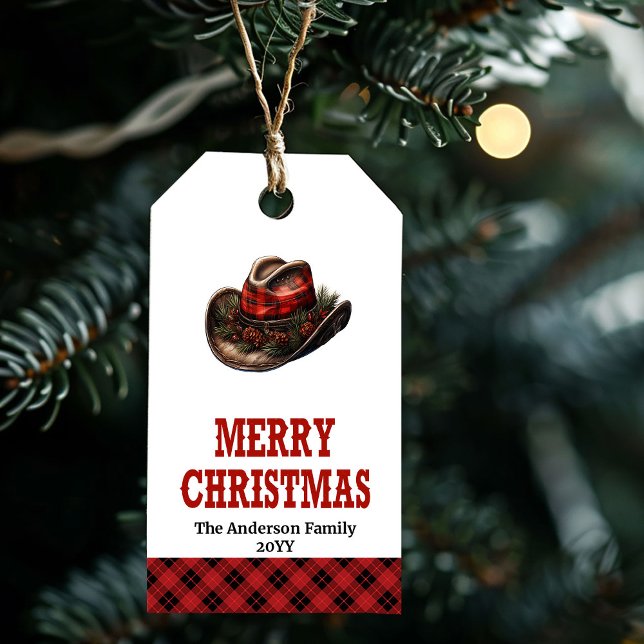 Étiquette de Noël occidentale modifiable avec chap (Editable Western Christmas tag with cowboy hat)