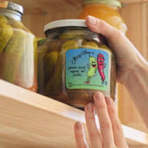 Étiquette de pickles et de poivrons dessin animé d