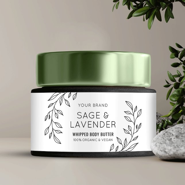 Étiquette de produit de bocal à beurre floral noir (Elegant floral skincare jar packaging label template in black and white with greenery motif)