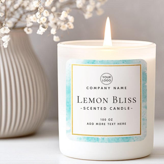 Étiquette de produit de bordure d'or fausse couleu (Blue watercolor faux gold border product label)