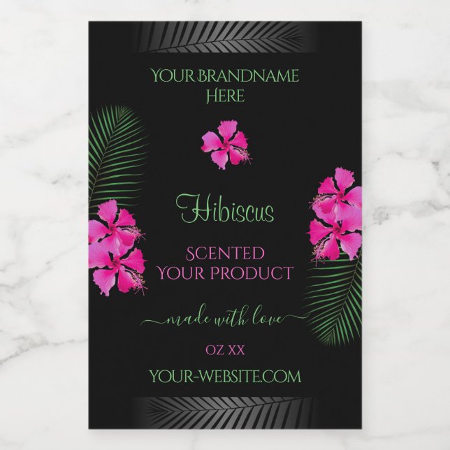 Étiquette de produit noir Fleurs roses Feuilles de (Étiquettes simples)