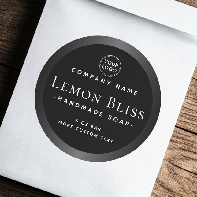 Étiquette de produit noir rond gris foncé (Dark gray satin border black round product label)