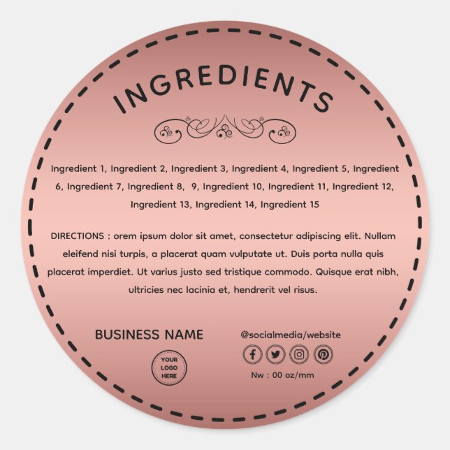 Étiquette de produit rose Gold Ingredient Directio (Devant)