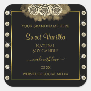 Étiquette de produits de luxe noir et or Roses Dia