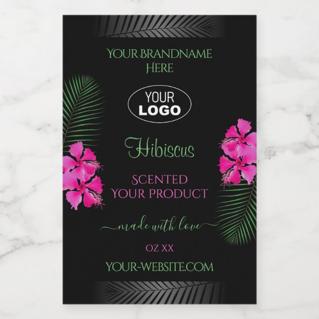 Étiquette de produits noirs Fleurs roses Feuilles  (Étiquettes simples)