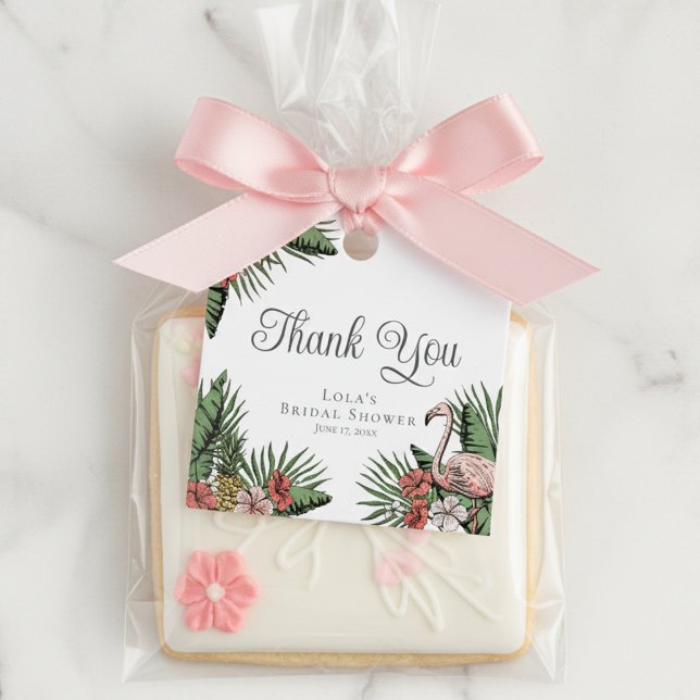 Étiquette de remerciement de douche Élégant Flaman (Tropical Floral Pink Flamingo Bridal Shower Thank You Favor Tags. Elegant Hibiscus, Leaves & Foliage)