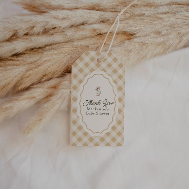Étiquette de remerciement pour Baby Shower Gingham (Gingham Goose Baby Shower thank you favor tag)