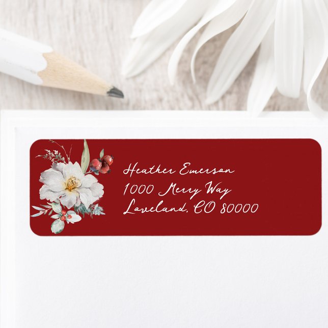 Étiquette de retour botanique de Noël (Christmas Cream Red Green Watercolor Botanical Return Address Label Personalized by Painted Paperie
)