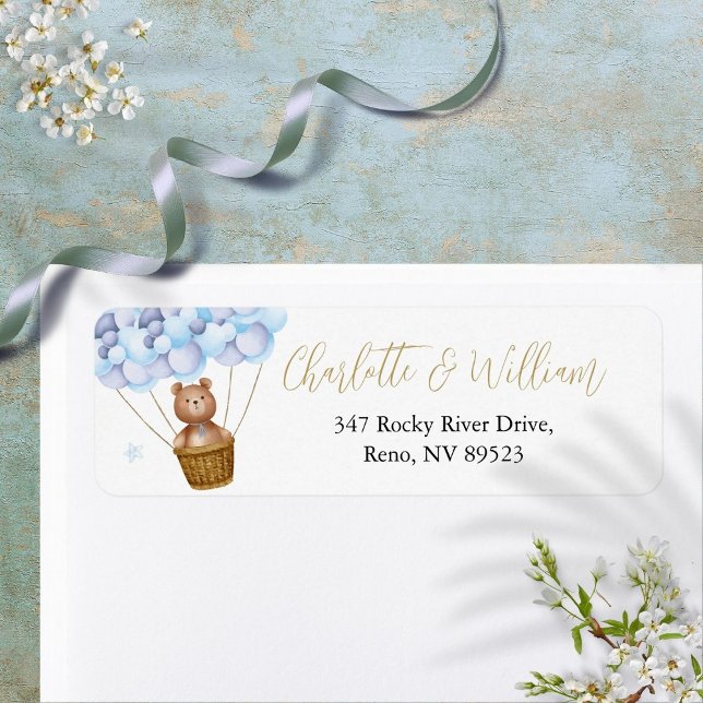 Étiquette de retour d'adresse de l'ours bleu en pe (Cute Teddy Bear Blue Balloons Return Address Label)