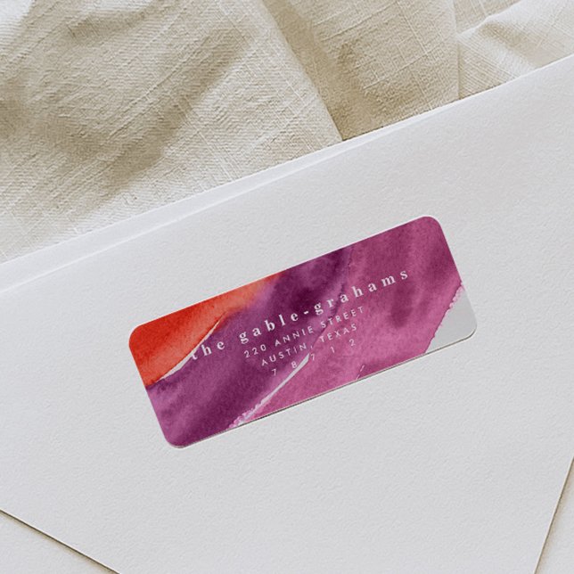 Étiquette de retour de couleur d'eau moderne viole (Purple and red watercolor wash modern return address labels.)