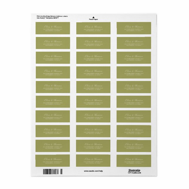 Étiquette de Retour de Mariage Vert Olive (Feuille entière)