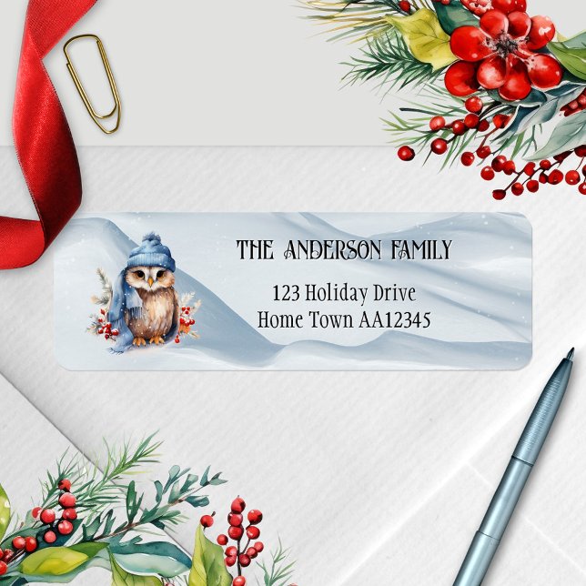 Étiquette de retour de Noël de Chouette Aquarelle  (Christmas return address label featuring a cute watercolor owl in a winter snow scene)