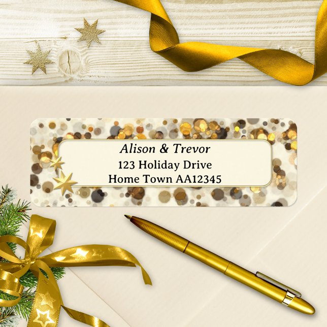 Étiquette de retour de Noël étincelante d'or (Christmas return address label featuring a whimsical festive design with gold sparkles and stars)