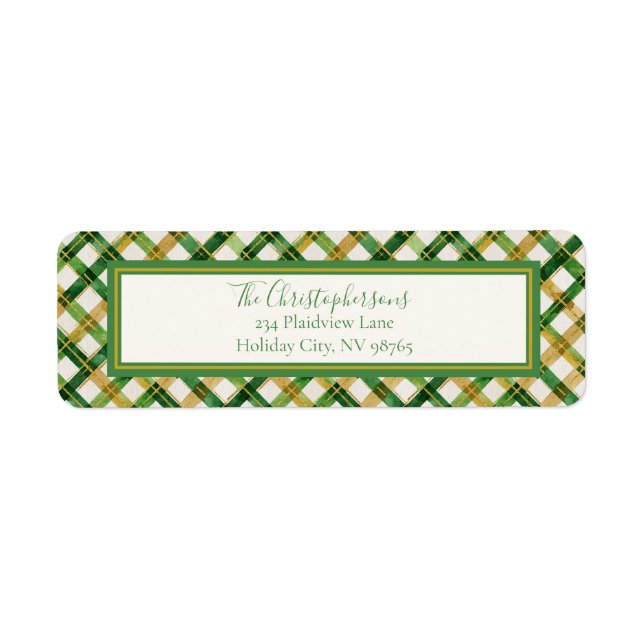 Étiquette de retour de Noël Gold Green Plaid (Devant)