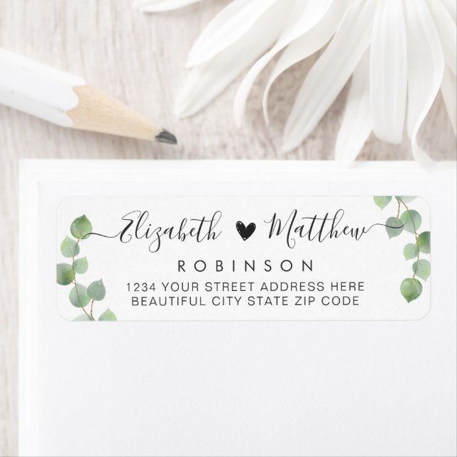 Étiquette de retour du Mariage de script Eucalyptu (En situation)