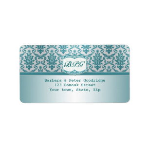 Étiquette de retour du monogramme turquoise Damas