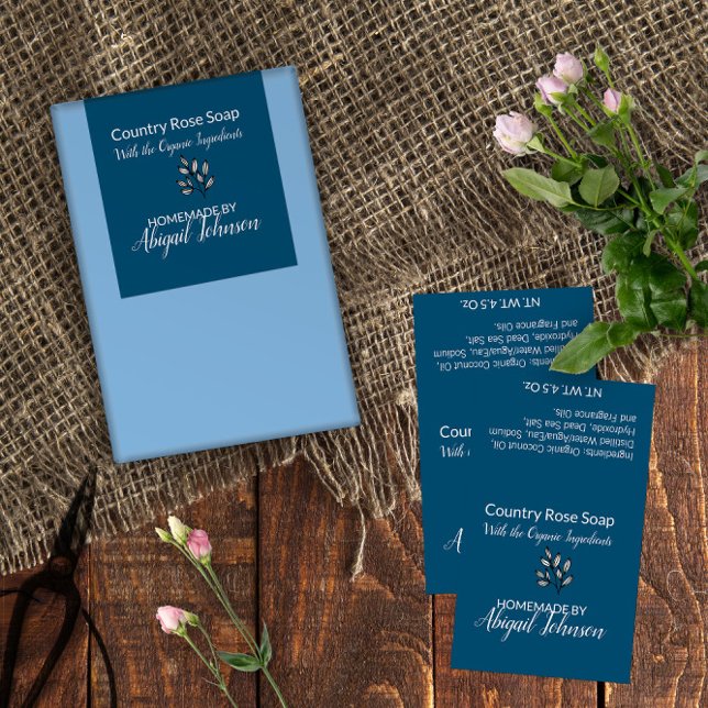 Étiquette de savon bleu fabriqué à la main par des (Line Art Leaves Blue Homemade Soap Label 🧼 Customize On Screen Now 
)