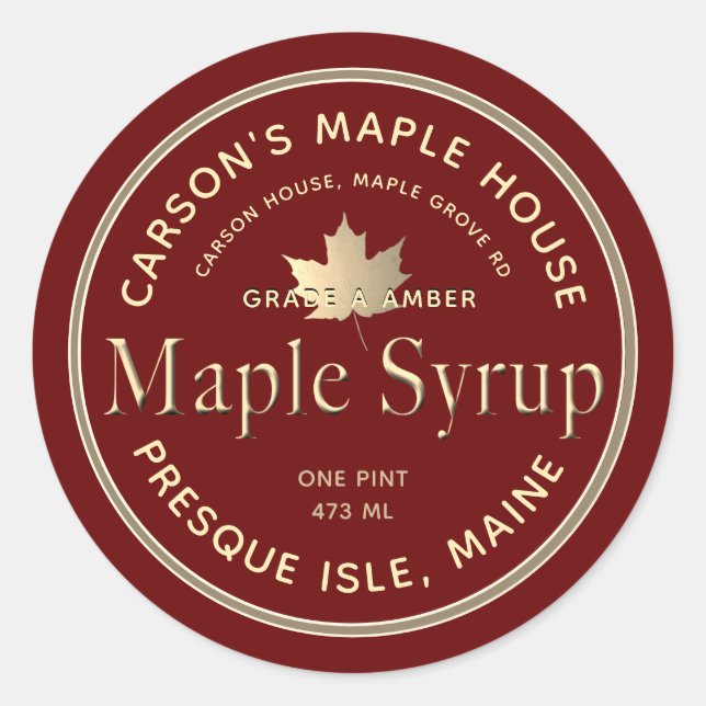 Étiquette de sirop d'érable rouge avec bordure or  (Devant)